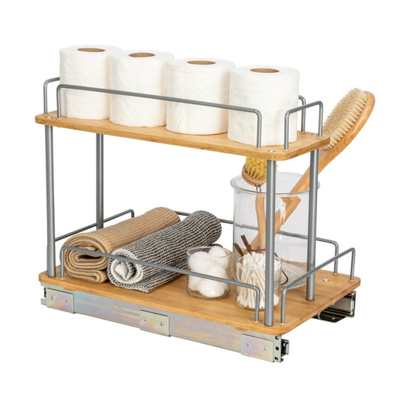 Household Essentials Glidez Bamboo and Steel Pull-Out/Slide-Out Storage Organizer for Under Cabinet Use - 1-Tier Design - Fits Standard Size Cabinet or Shelf, Natural