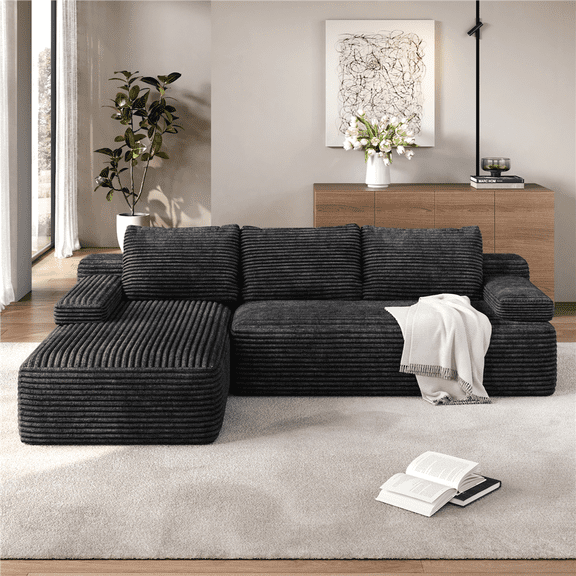 Renwick 110" Free Assembly L-Shaped Cloud Couch, Corduroy Sectional Sofa with 2 Armrests & 3 Detachable Pillows for Livingroom, Dark Gray