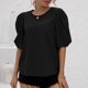 thumbnail image 2 of Camiseta holgada de cuello redondo y color negro puro, elegante top veraniego con mangas abullonadas, 2 of 8