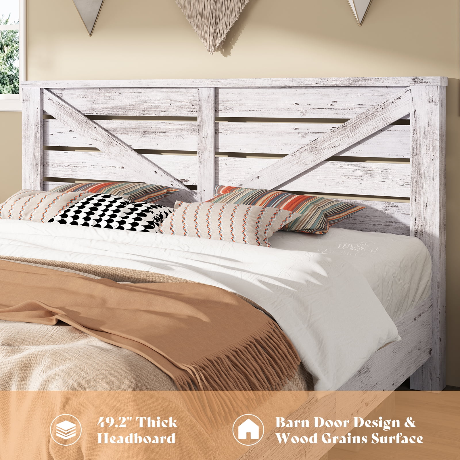 Merluxy King Size Farmhouse Bed Frame with Barn Door Headboard, Platform Bed Frame with Wood Slats, Under Bed Storage Space, Distressed White