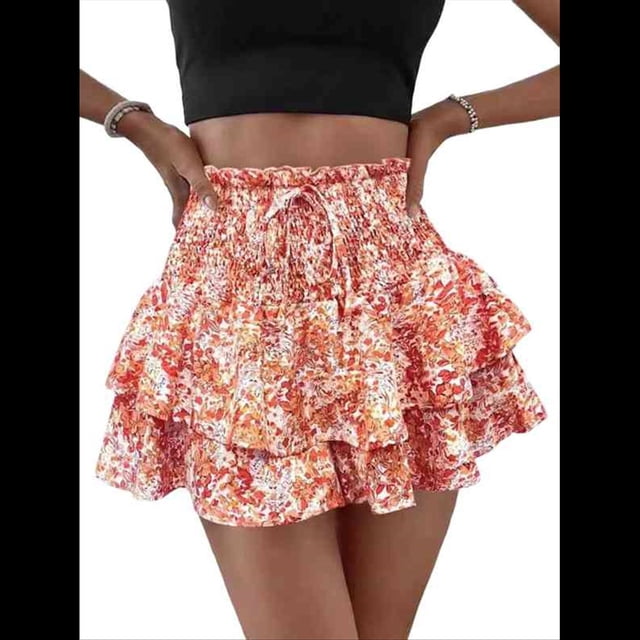 Mini Shorts con Volantes y Cintura Alta para Mujer Bonitos Shorts Cortos Escalonados con Shorts Debajo Color Naranja M