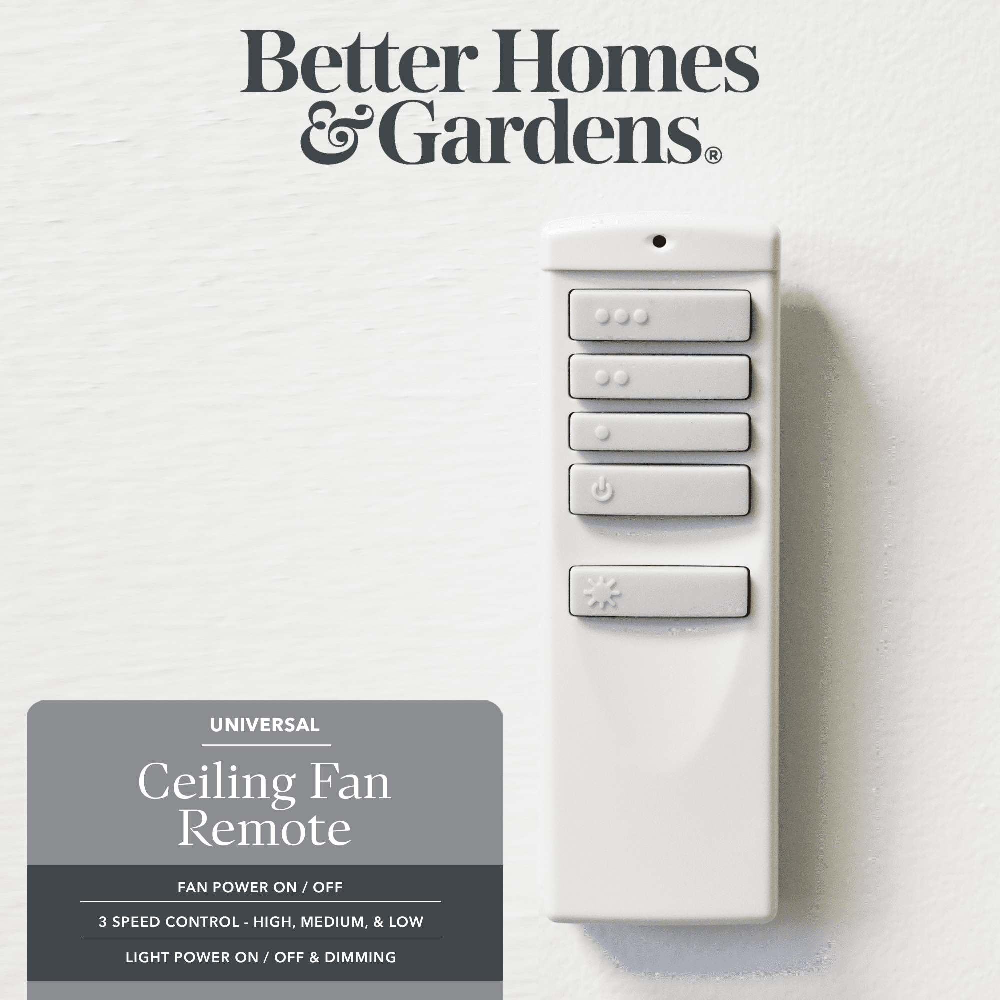 Better Homes & Gardens Universal Handheld Ceiling Fan Remote with Wall Mount, 3 Speed Fan & Light Controls