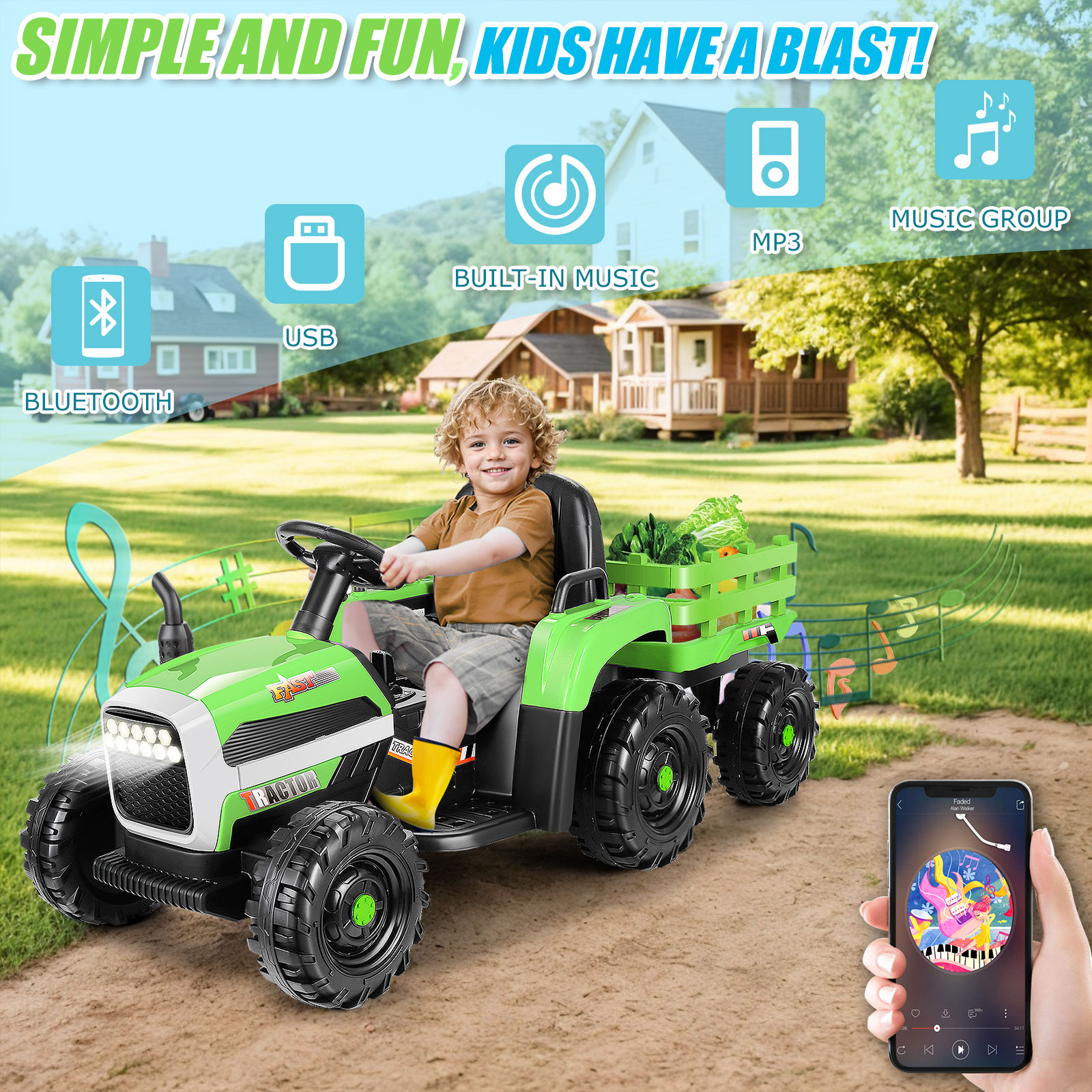 Funcid 12V Ride on toys Ride on Cars with Remote Control, Electric Car 2*100W Powerful Ride on UTV w/ Bluetooth, Battery Indicator, Knob Volume Control, Spring Suspension, Black