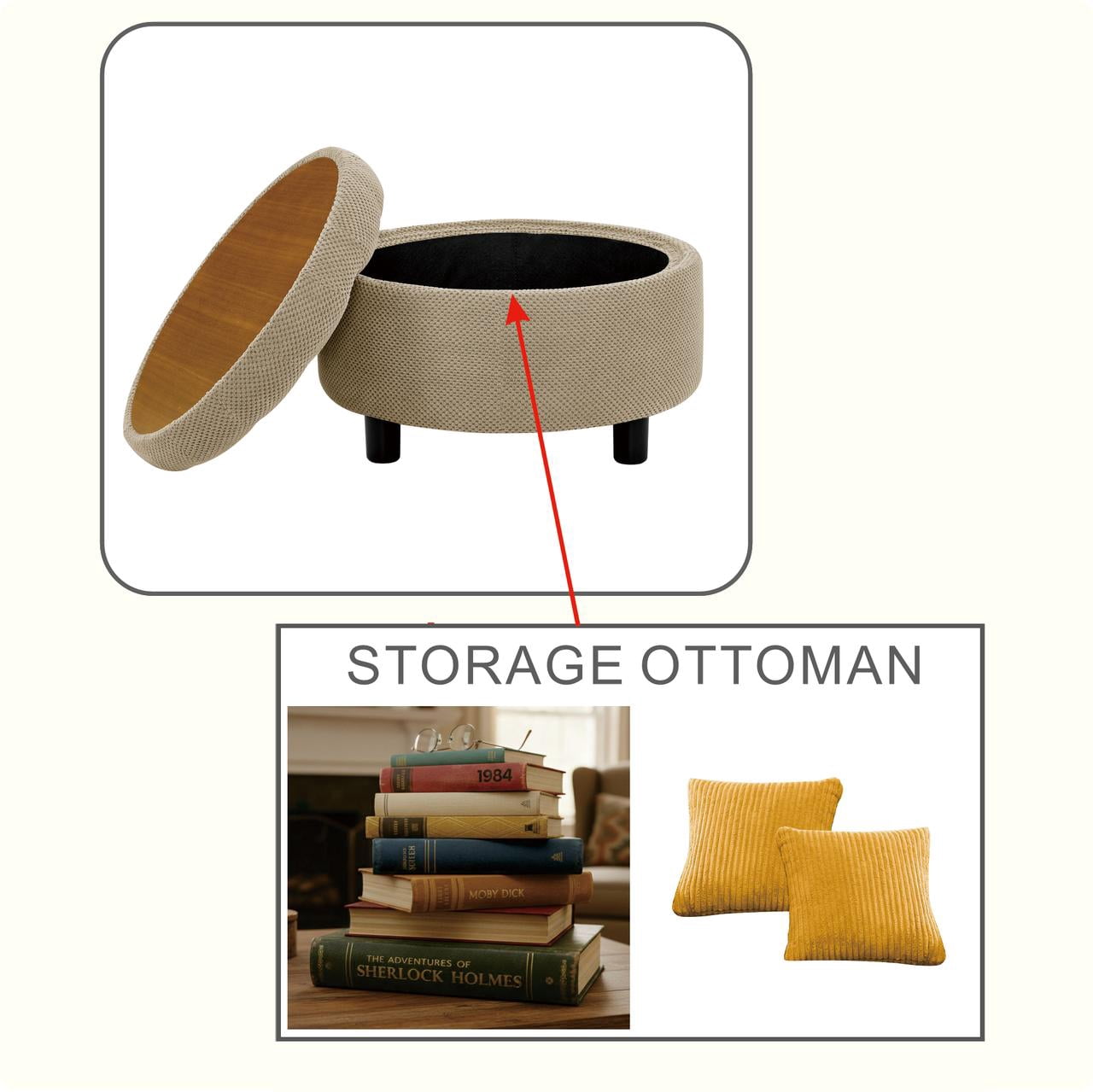 25 Inch Round Storage Ottoman with Removable Wooden Tray, Tufted Fabric Coffee Table with Hidden Storage, Upholstered Footstool for Living Room, Bedroom, Camel