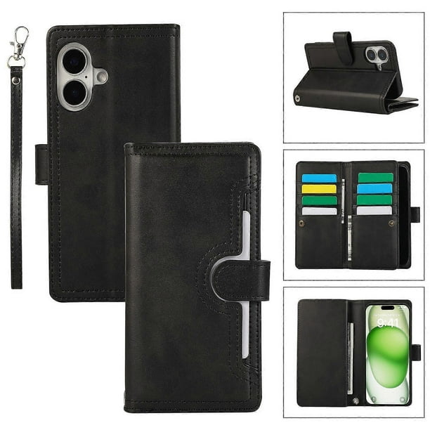 For iPhone 16 Plus Case Split Leather Magnetic Wallet Phone Protector with Wrist Strap - Black