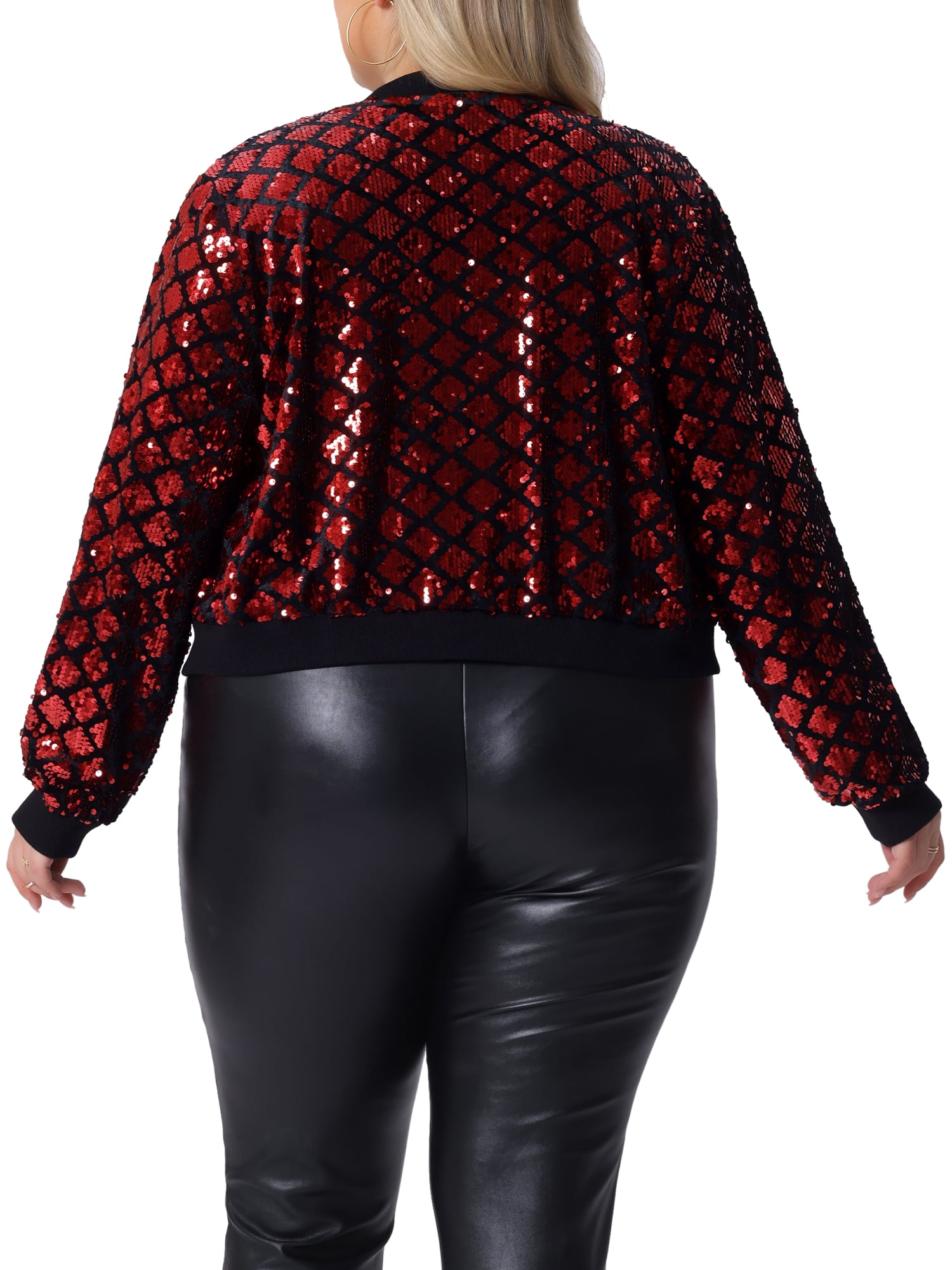 DARING DIVA Women's Plus Sequin Bomber Zipper Long Sleeve Sparkle Jacket 2X Red