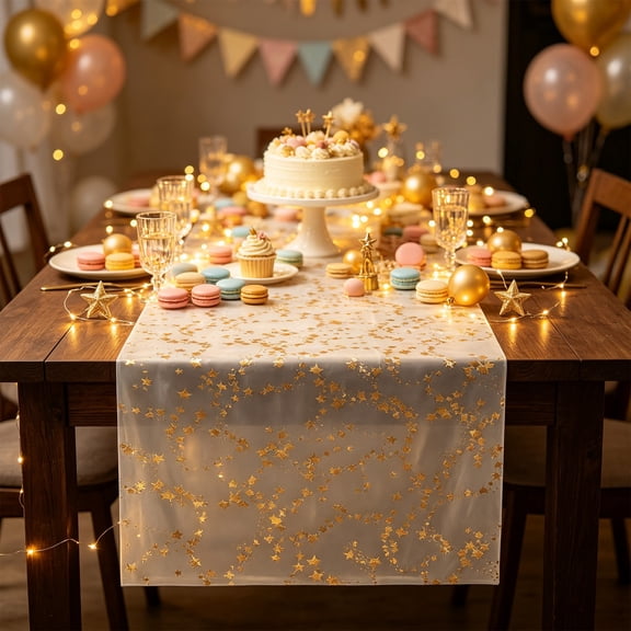 PoyoKee Sheer Table Runner 118" x 11", Sheer Star Table Cloth, Golden Organza Tablecloth, Party Decorations for Kitchen and Dining Home Decor Wedding