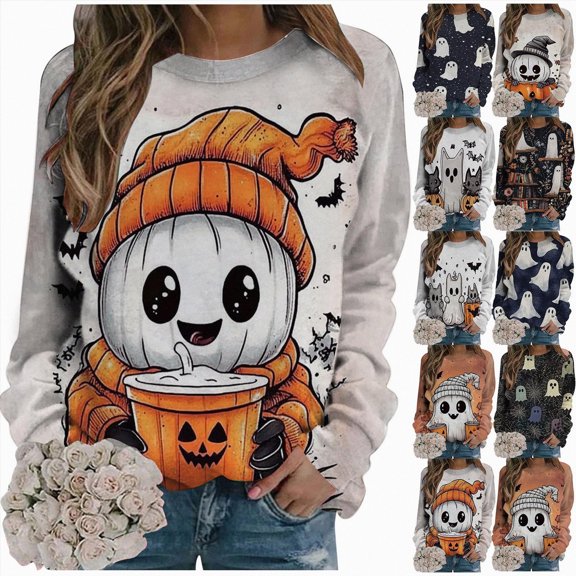 Sweatshirts for Women Cute Ghost Sleeve Halloween Crewneck Pullover Fall Casual Long Sleeve Tops(Orange,XL)