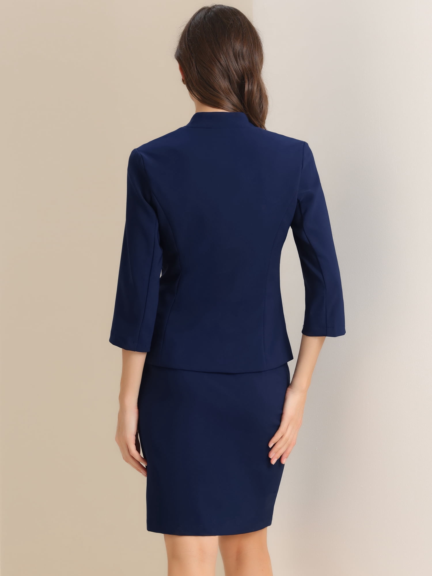 DARING DIVA 2Pcs Women's Notched Collar Business Pencil Skirt Suit Set L Dark Blue