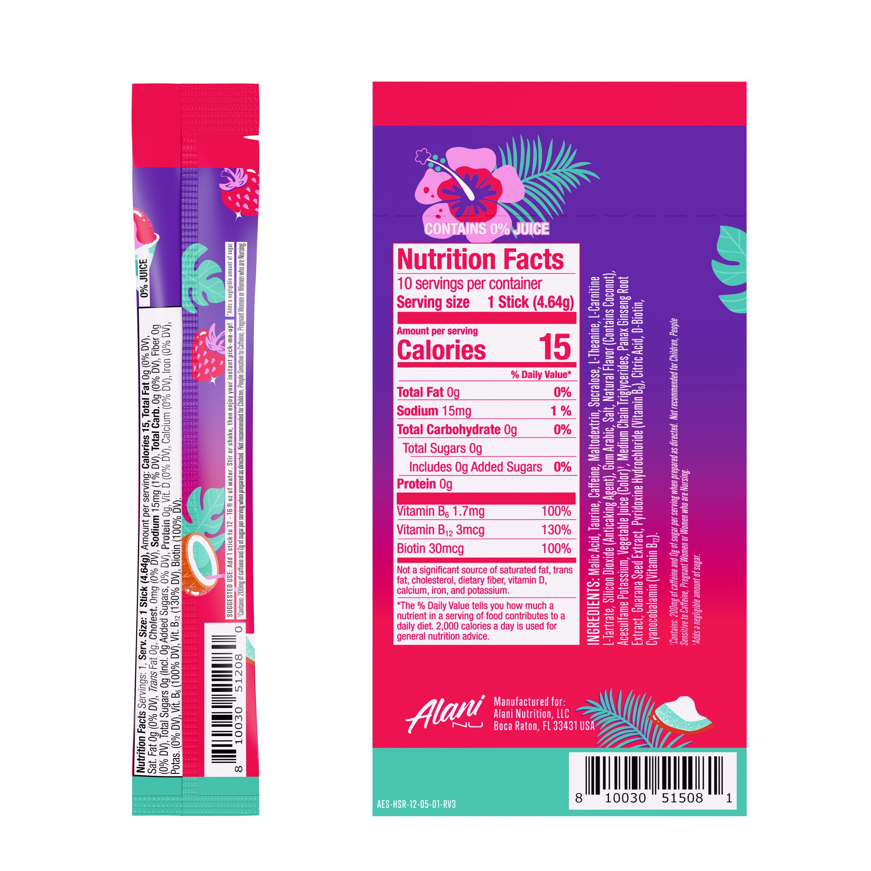 Alani Nu Energy Sticks, Hawaiian Shaved Ice, 10 Count, 200mg Caffeine, Zero Sugar