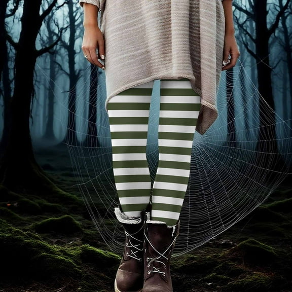 BLTIBY Womens Halloween Legging High Waist Stretch Striped Printed Halloween Costume Tights Fashion Casual Bottom Pants Army Green L