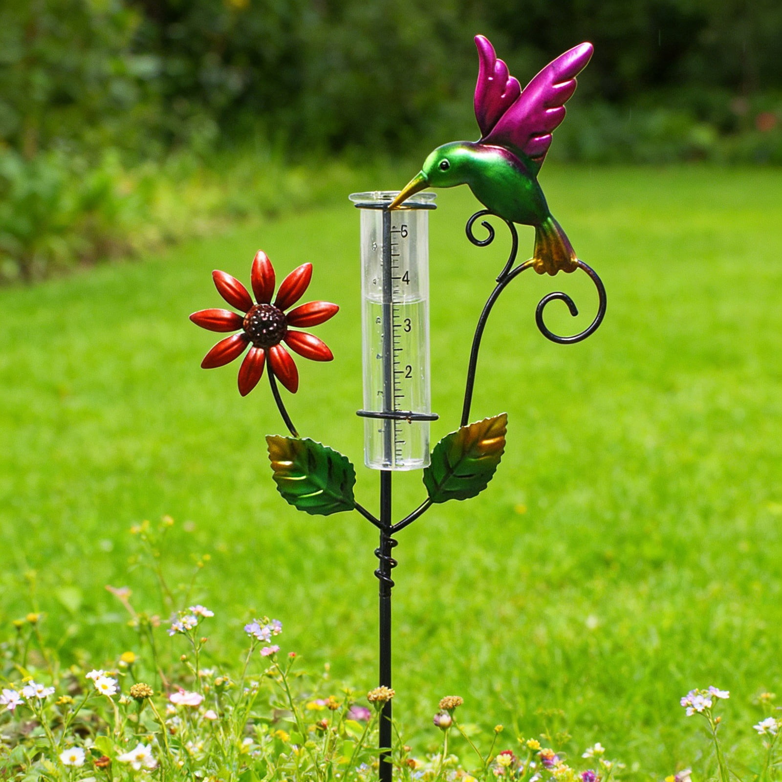 Metal Rain Gauge Outdoor 35.43 Inch with Stake, Tube Rain Measure Gauge Decorative Branch, Ironwork Rainwater Collector Glass Measuring Cup for Garden Patio Yard Lawn