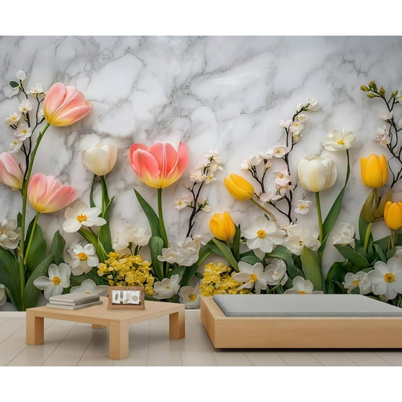 Color Tulips Custom Wallpaper Abstract White Marble Wall Murals Living Room Bedroom Background Modern Floral Art 3D Wall Mural Home Decor 55"W x 28"H (Not Peel and Stick)