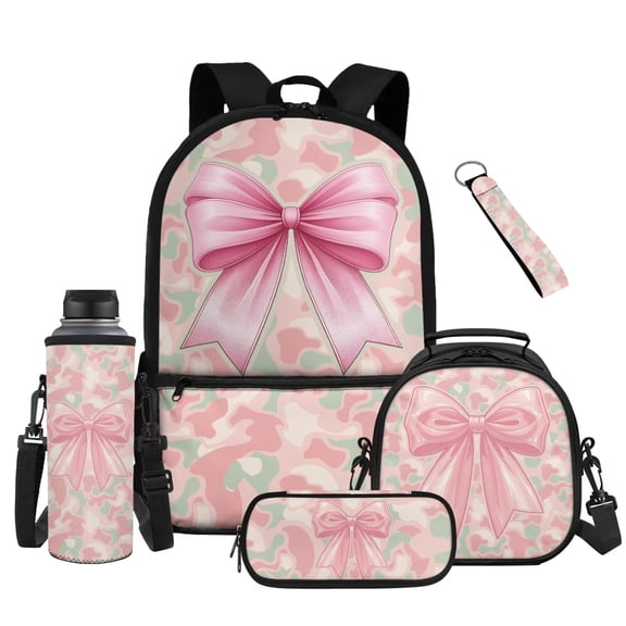 Yuyamidu Pin Bow Camo School Backpack for Girls 7-8 Year Old, Cute Bookbag with Lunch Box, Pencil Case, Water Bottle Pouch & Keychain Set of 5, Back to School