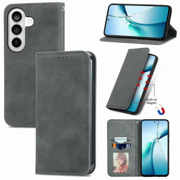 For Samsung Galaxy S26  Wallet Case with [RFID Blocking] Credit Card Slot Stand Magnetic Closure Premium PU Leather Retro Classic Flip Kickstand Shockproof TPU Shell Phone Cover, Gray