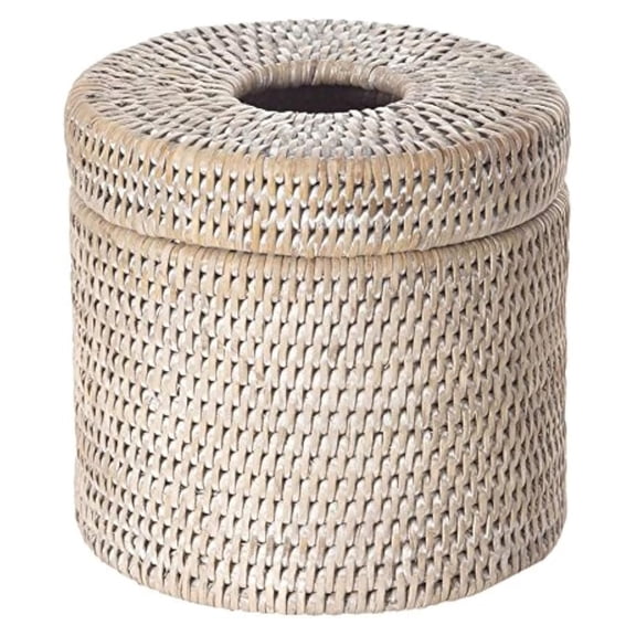 Rattan Toilet Paper Roll Holder - Wicker Bathroom Storage - Freestanding Tissue Dispenser with Lid - Decorative White-Wash Basket for Bathroom Organization