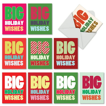 M1749XS BIG HOLIDAY WISHES' 10 Assorted Merry Christmas Cards Feature Big Greetings for the Holidays with Envelopes by The Best Card