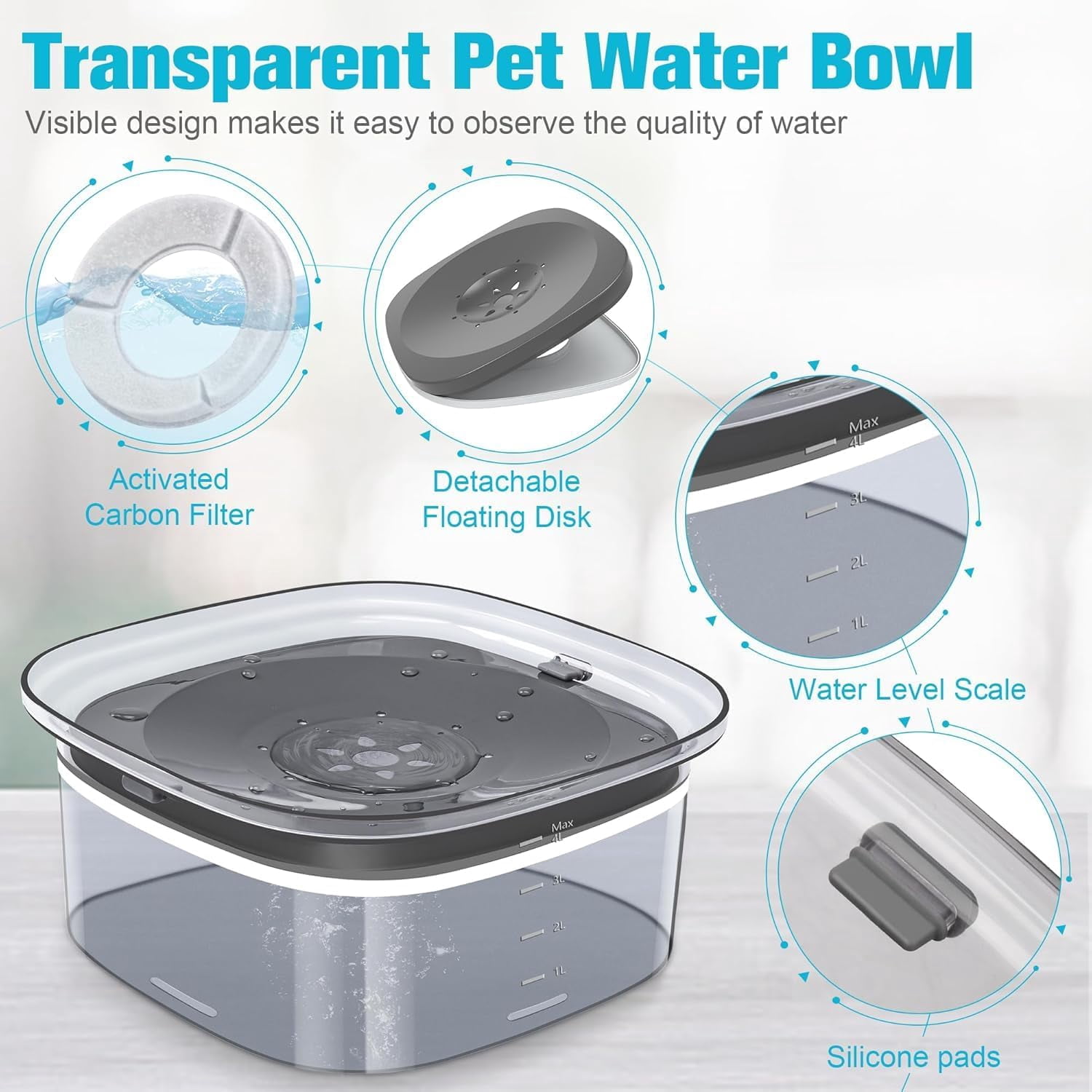 4L Dog Water Bowl 135oz No Spill Dog Bowl Extra Large Capacity Slow Drinking Water Feeder, Splash Proof Pet Water Dispenser Vehicle Carried Travel Water Floating Bowl for Dogs, Cats.Product