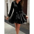 thumbnail image 6 of Women's Dress Deep V-Neck Long Sleeve Waist Tie Ruffle Mini Swing Skater Dresses, 6 of 7