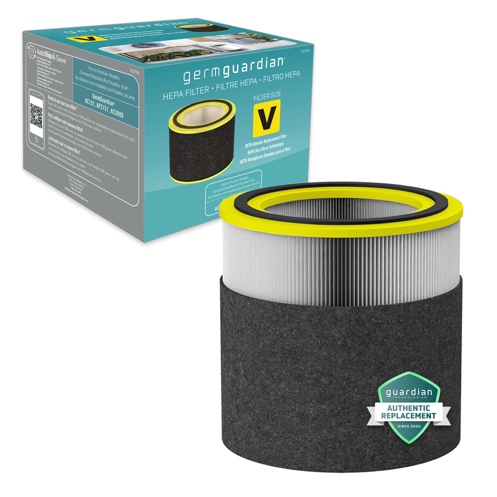 (2 pack) GermGuardian Air Purifier Replacement Filter V, FLT151, HEPA Pure, 1095 Sq ft., AirSafe Series, AC151