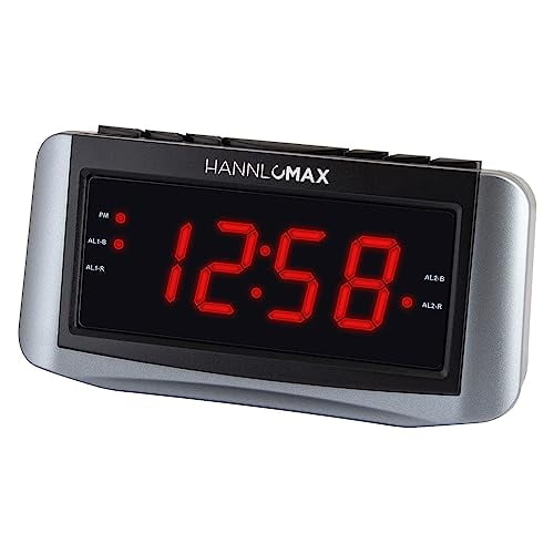 HANNLOMAX HX-117CR Reloj despertador, radio PLL AM/FM, pantalla LED roja de 1,2", alarma dual, despertador con radio o zumbador (gris)