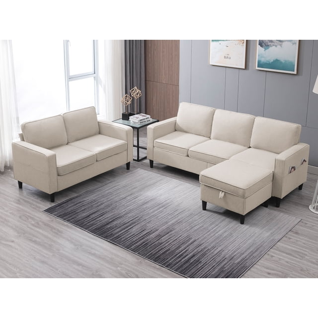 BALUS Ensemble de Canapé 2 Pcs, Sofa en L avec Ottomane de Rangement et Causeuse, Canapés 6 Places, Ensemble de Meubles de Salon, Lin, Beige