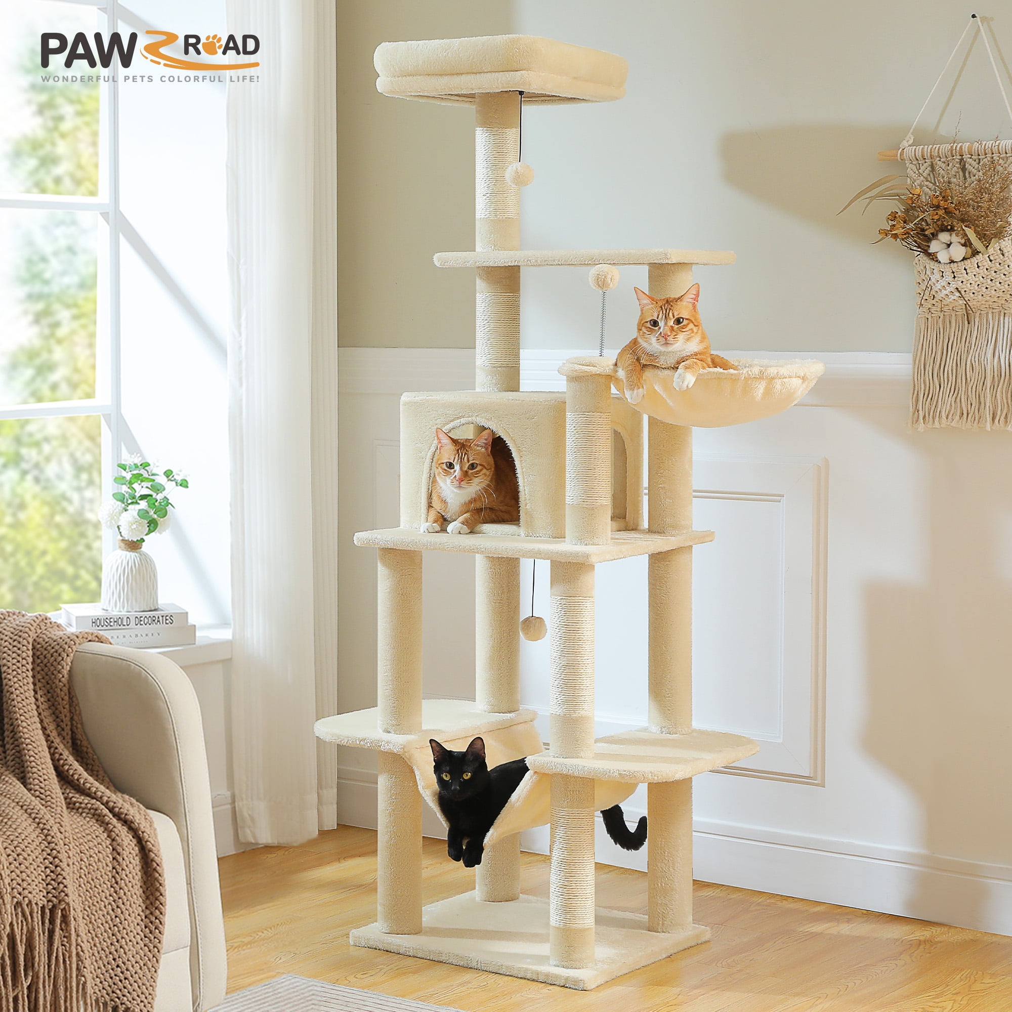 PAWZ Road 64" Cat Tree with Multi-Level Scratching Post Tower Large Hammock for Indoor Kittens Cats, Beige