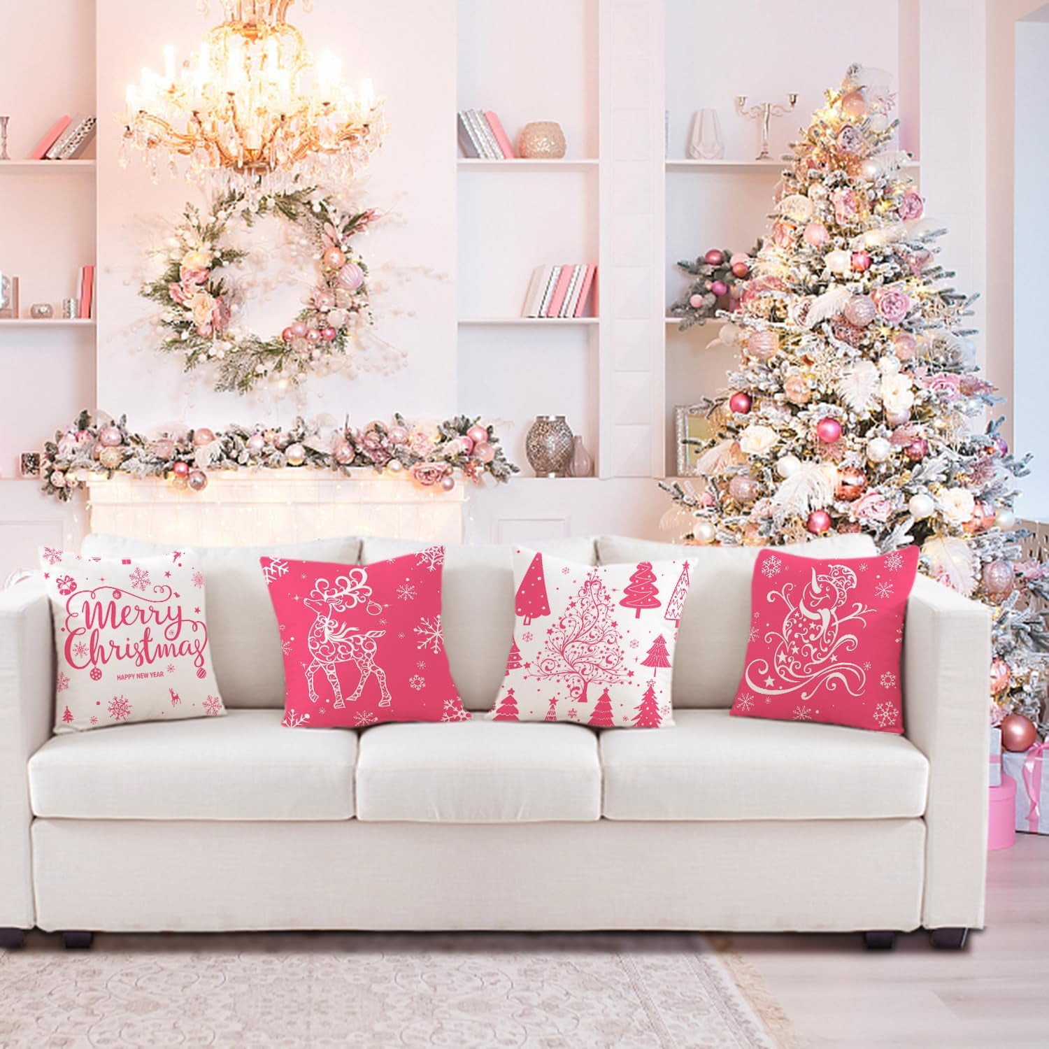Pink Christmas Throw Pillow Covers 20x20 Set of 4 Christmas Decoration Trees Deer Snowman Merry Christmas Decorative Holiday Farmhouse Pillow Covers for Holiday Christmas Decoration
