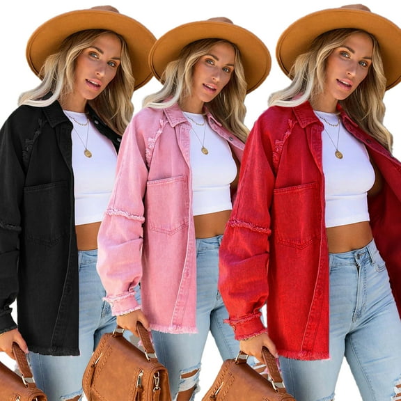 LYMAYTER Women's Solid Color Cardigan Long Sleeve Jacket Loose Top Denim Top S-XL