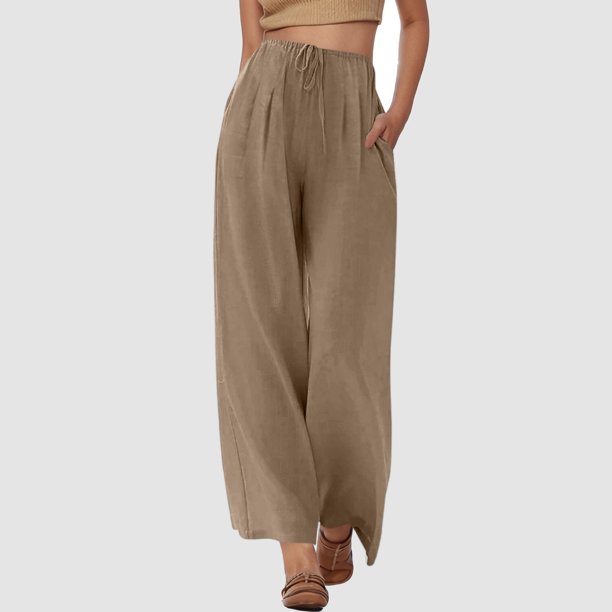 WILLBEST Pantalones Casuales de Verano para Mujer, de Lino, de Cintura Alta, con Cordón, Pierna Ancha, Cómodos y con Bolsillos para Viajar y Relajarse. Extra Grande