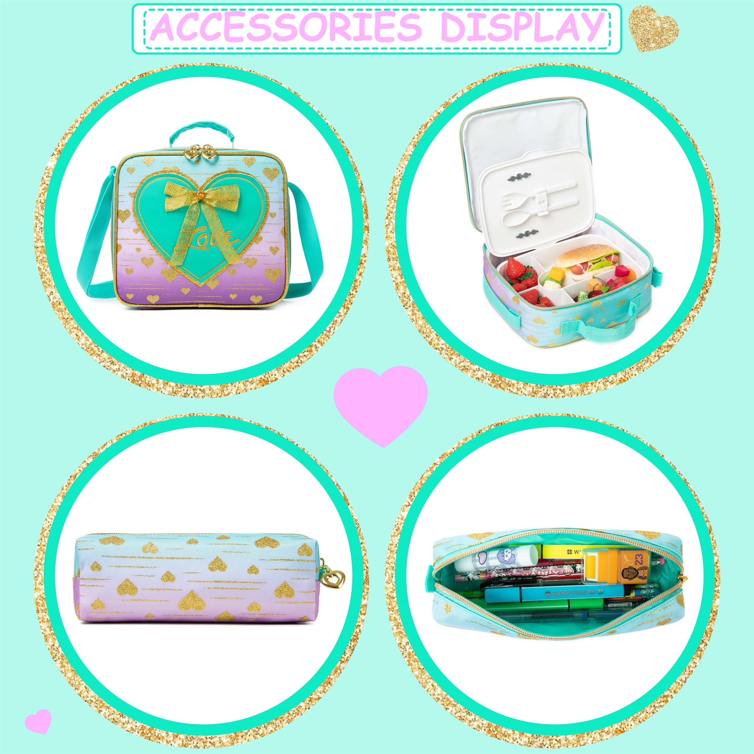 Kids Rolling Backpacks for Girls with Wheels Roller Bookbag with Lunch Box Pencil Case for Elementary Student Age 8-10 Green