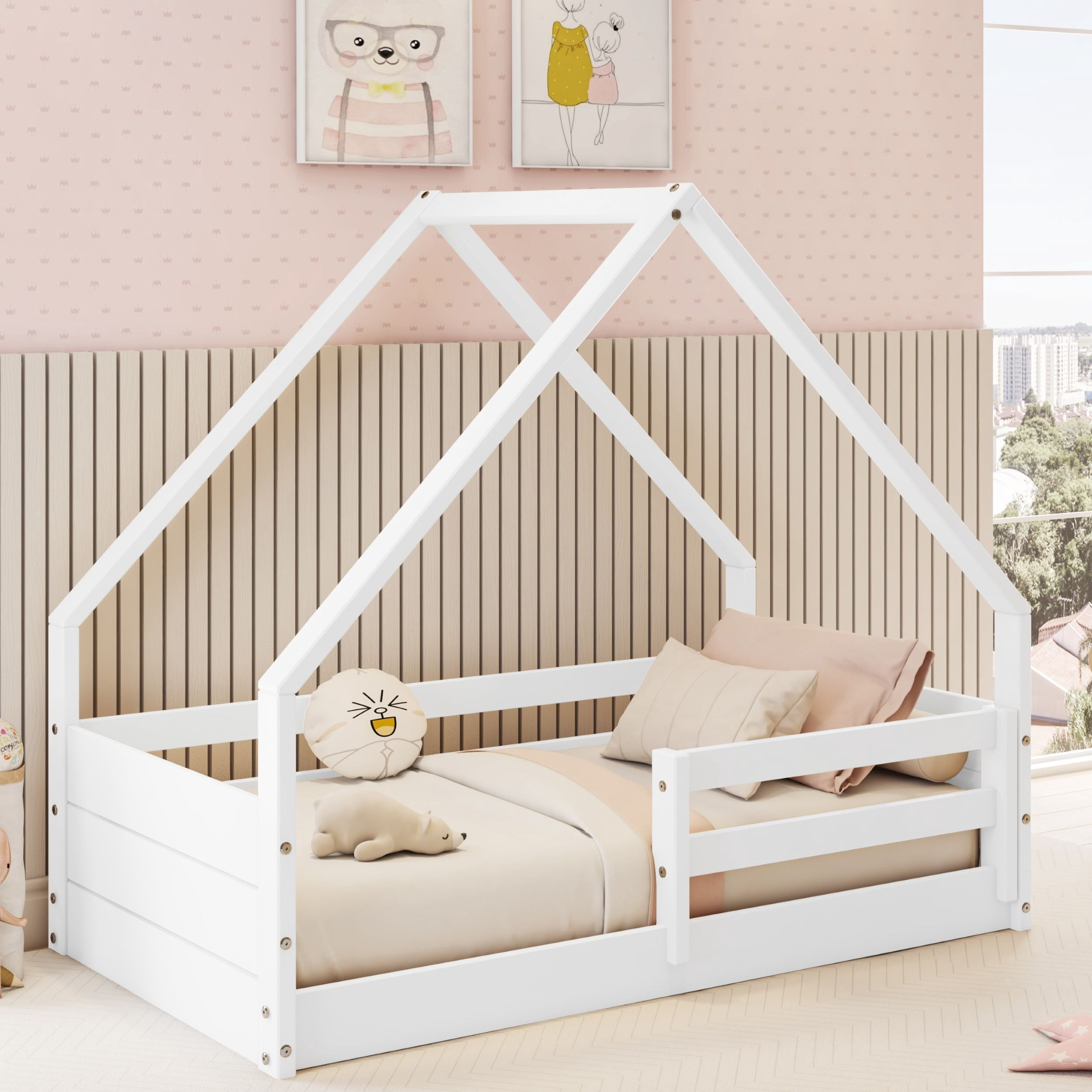 Polifurniture Brie Toddler Bed with Roof and Built-In Guardrails