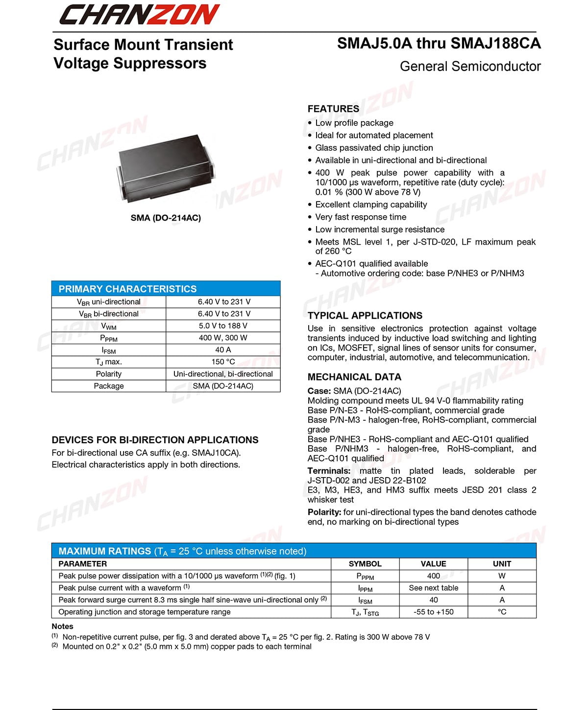 LITTELFUSE SMAJ5.0A TVS DIODE, 400W, 5V, DO-214AC (50EA)