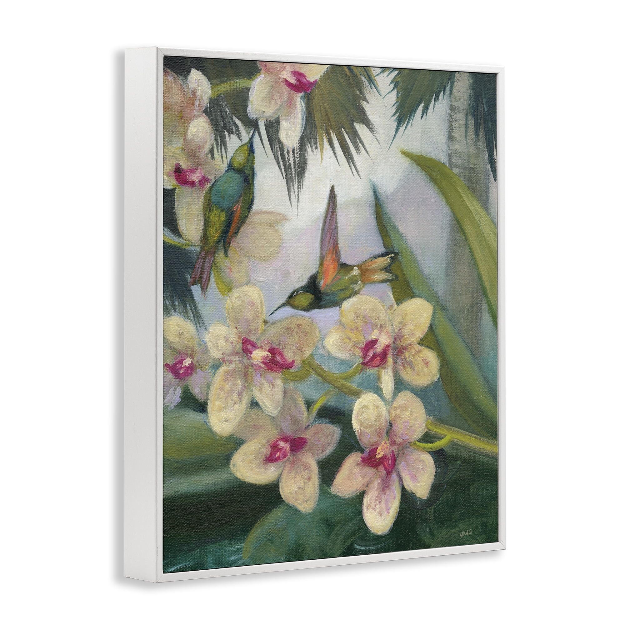 Stupell Industries Hummingbirds Among Blossoms Landscape Painting White Framed Art Print Wall Art, 11 x 14
