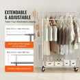 thumbnail image 3 of VEVOR Heavy Duty Clothes Rack, Double Hanging Rod Clothing Garment Rack for Hanging Clothes, Adjustable Height and Extendable Length Clothing Rack with Bottom Storage Area, 600 lbs Load Capacity, 3 of 9