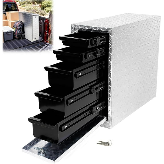 Maeklon Truck Bed Tool Box with 5-Drawer Slides, Heavy Wall Aluminum Truck Bed Tool Box, Lockable Tool Chest Storage for Pickup, Jobsite and Side Trucks, Silver