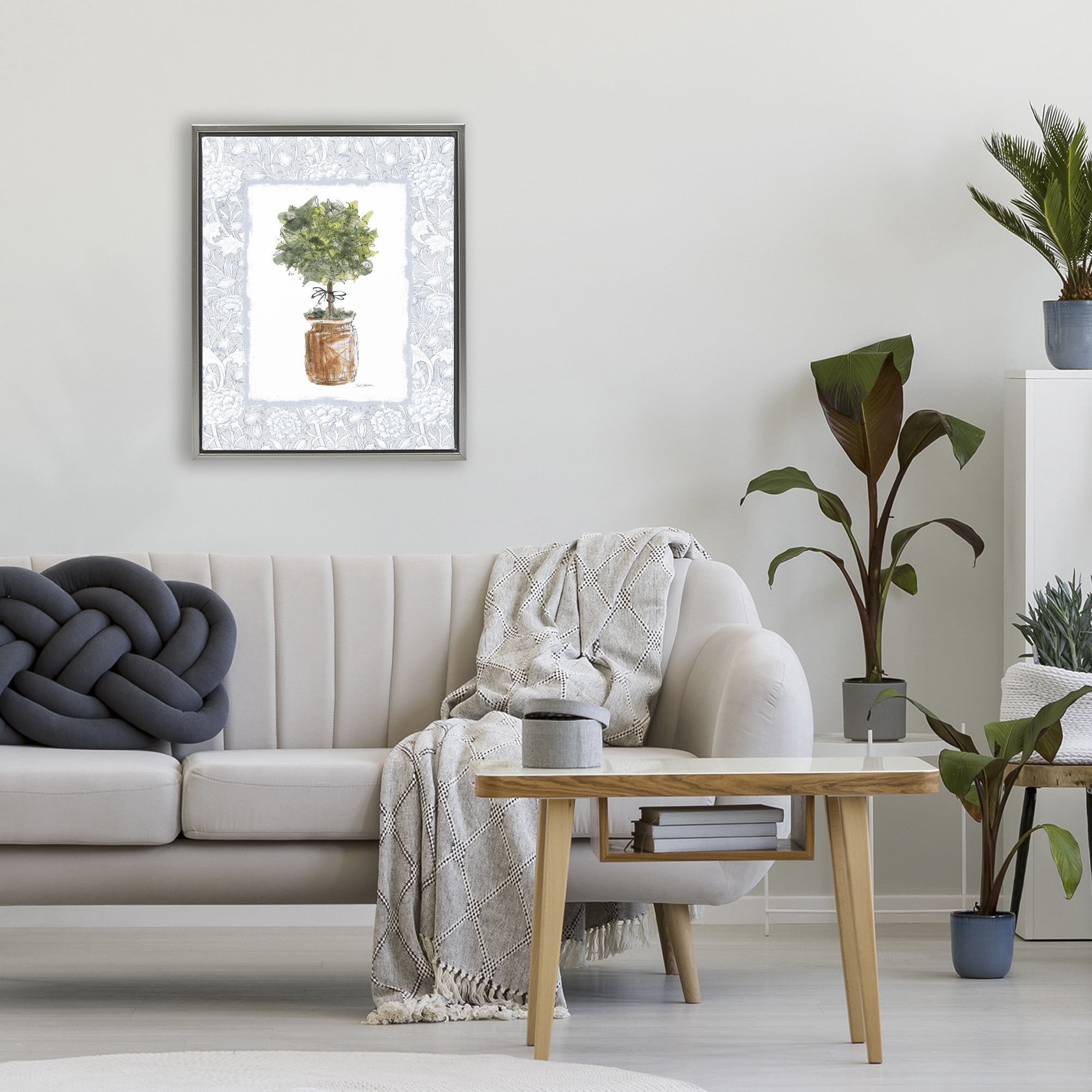 Stupell Industries Potted Topiary with Ribbon Gray Framed Floater Canvas Wall Art, design by Carol Robinson