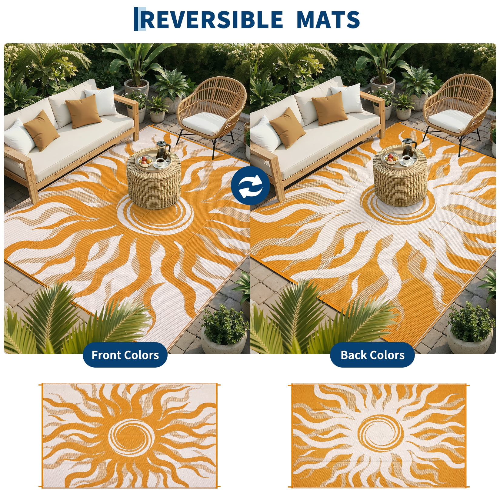 Soonbuy Sun Pattern Outdoor Rug, 8x10FT Waterproof Reversible Plastic Straw Outdoor Patio Rug, Quick Dry Easy Clean Outdoor Area Rug Carpet for Camping, Picnic, Balcony, Porch, RV