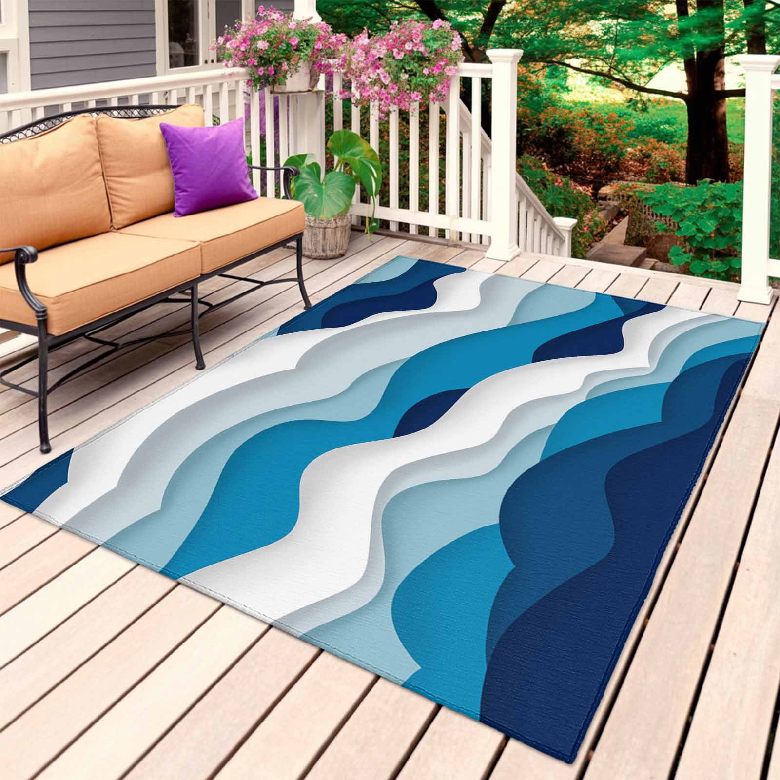 Outdoor Rug 3x5 ft Blue White Ombre Sea Wave Outdoor Large Area Rug Non Slip Rubber Abstract Geometric Front Door Mat RV Rug Camping Carpet Patio Outdoor Rugs for Backyard Balcony Deck Porch Indoor