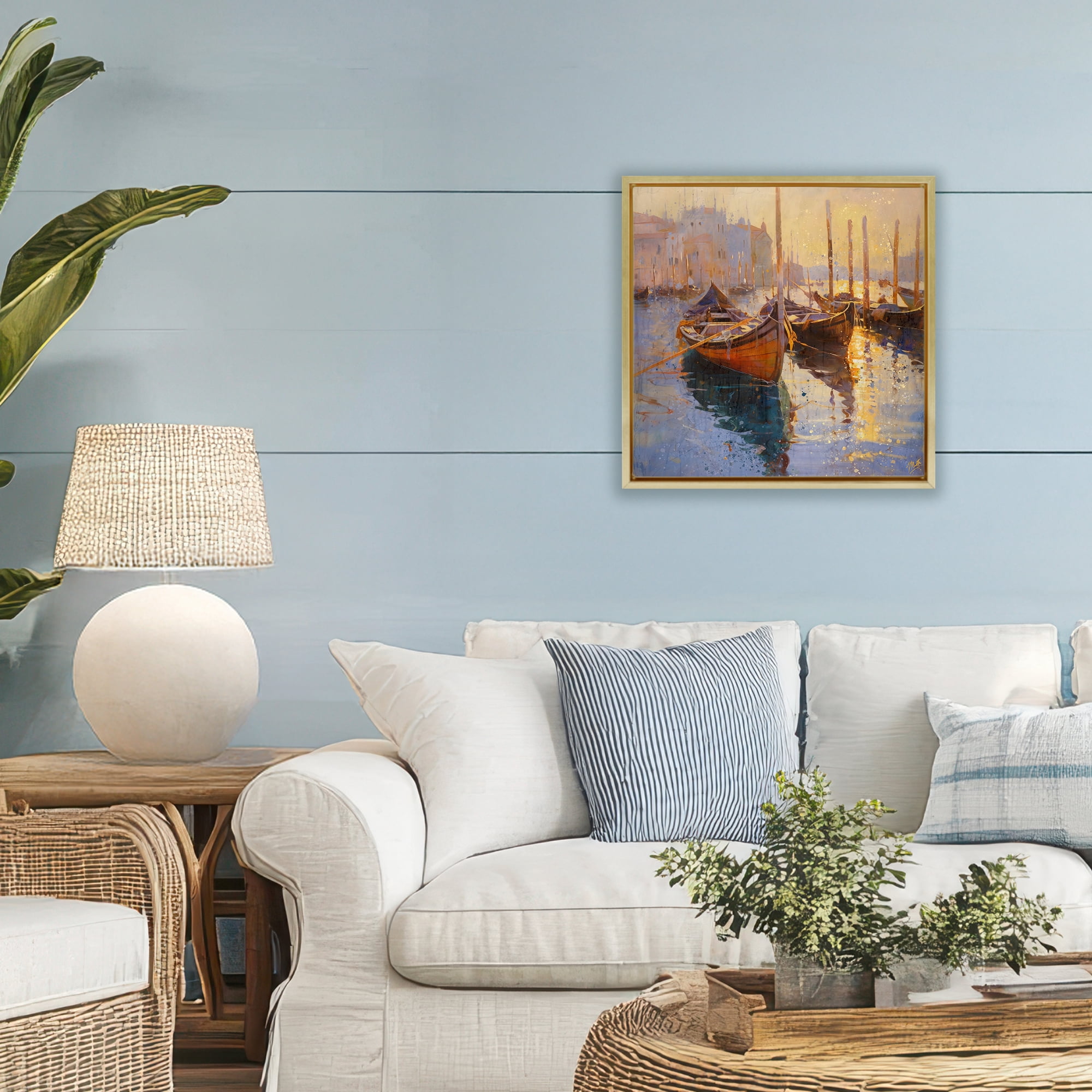 Stupell Industries Speckled Venice Boats Gold Framed Floater Canvas Wall Art, design by Marta Wiley