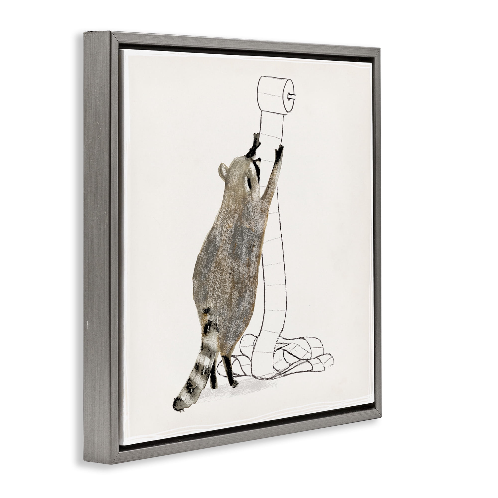 Stupell Industries Raccoon Toilet Paper Hoarder Animals & Insects Painting Gray Floater Framed Canvas Art Print Wall Art, 18 x 18