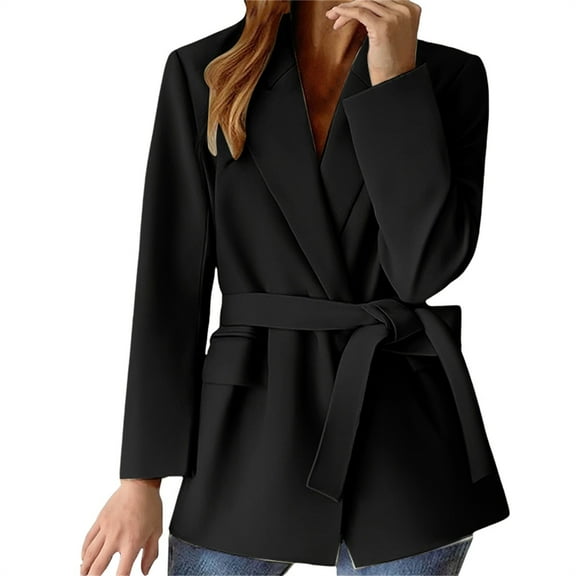 Yigetop Business Casual Outfits for Women, Turn Down Collar Tie Up Women Elegant Lady Long Sleeve with Belt Fitted Blazers for Women Black L