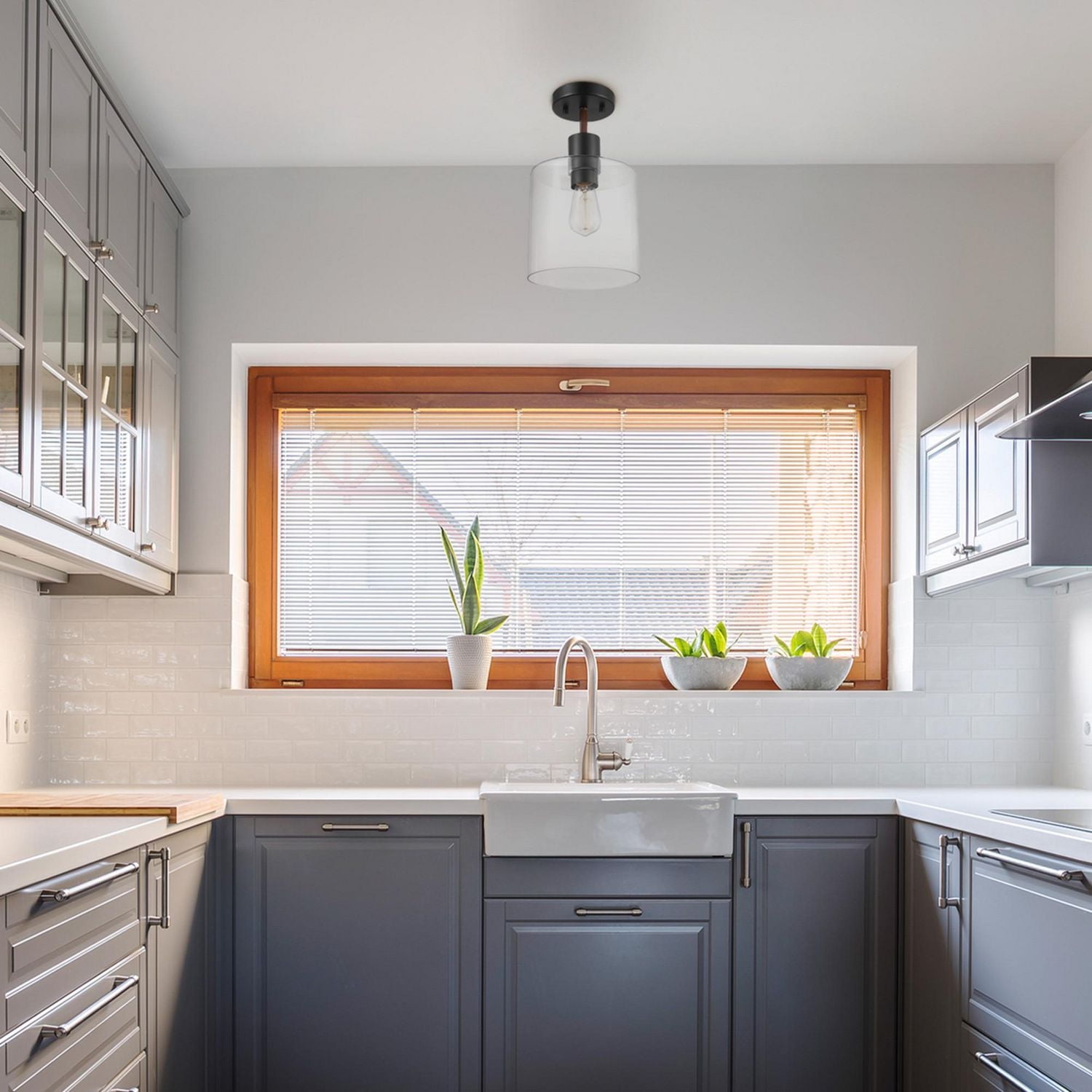 Globe Electric Sedona 1-Light Metal Flush Mount Ceiling Light, Matte Black, Faux Wood Accent, Clear Glass Shade, 60982