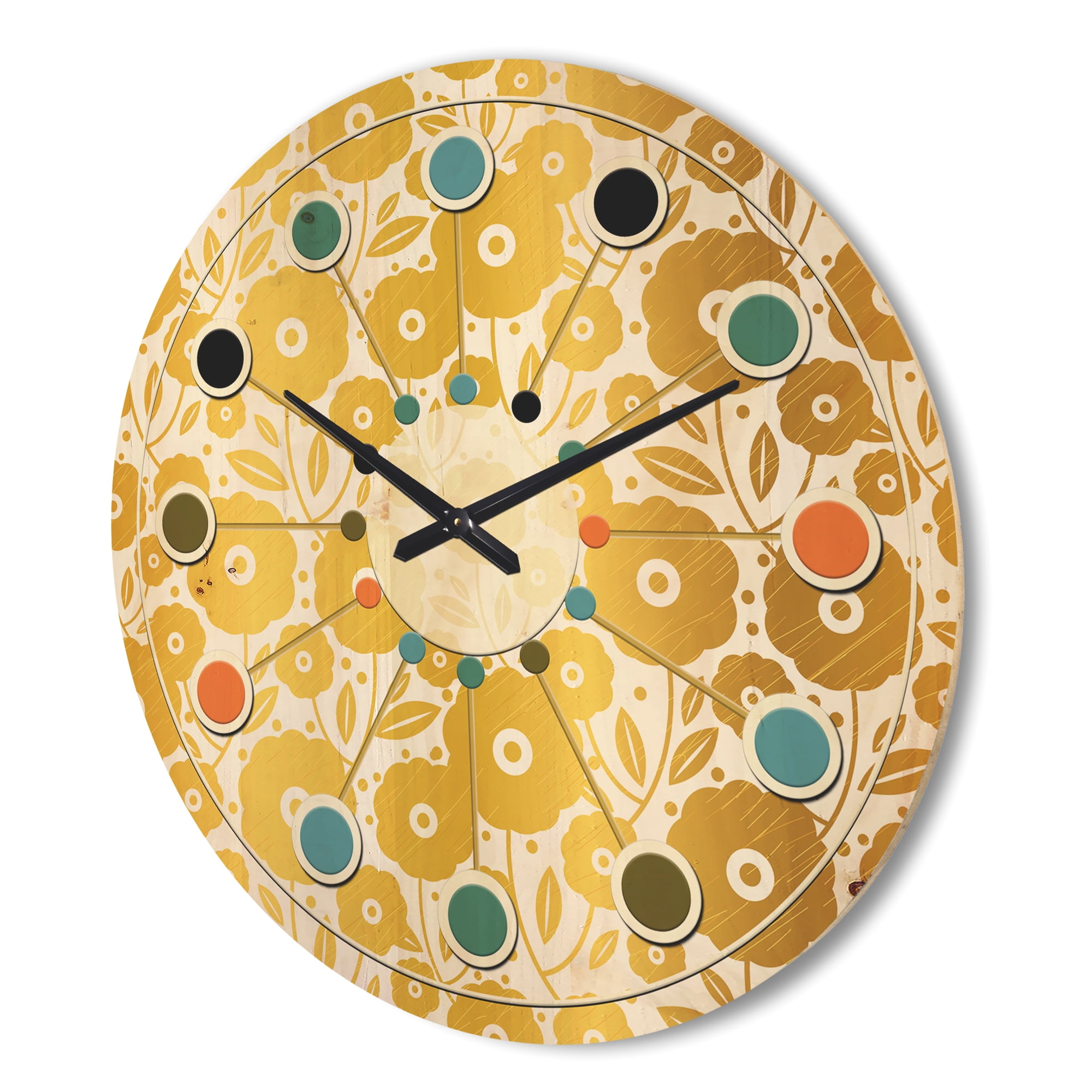 Designart 'Golden Floral Retro I ' Mid-Century Modern Wood Wall Clock