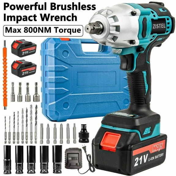 Max 800Nm High Torque Electric Impact Wrench 1/2" Cordless Wrench w/ 2 Batteries