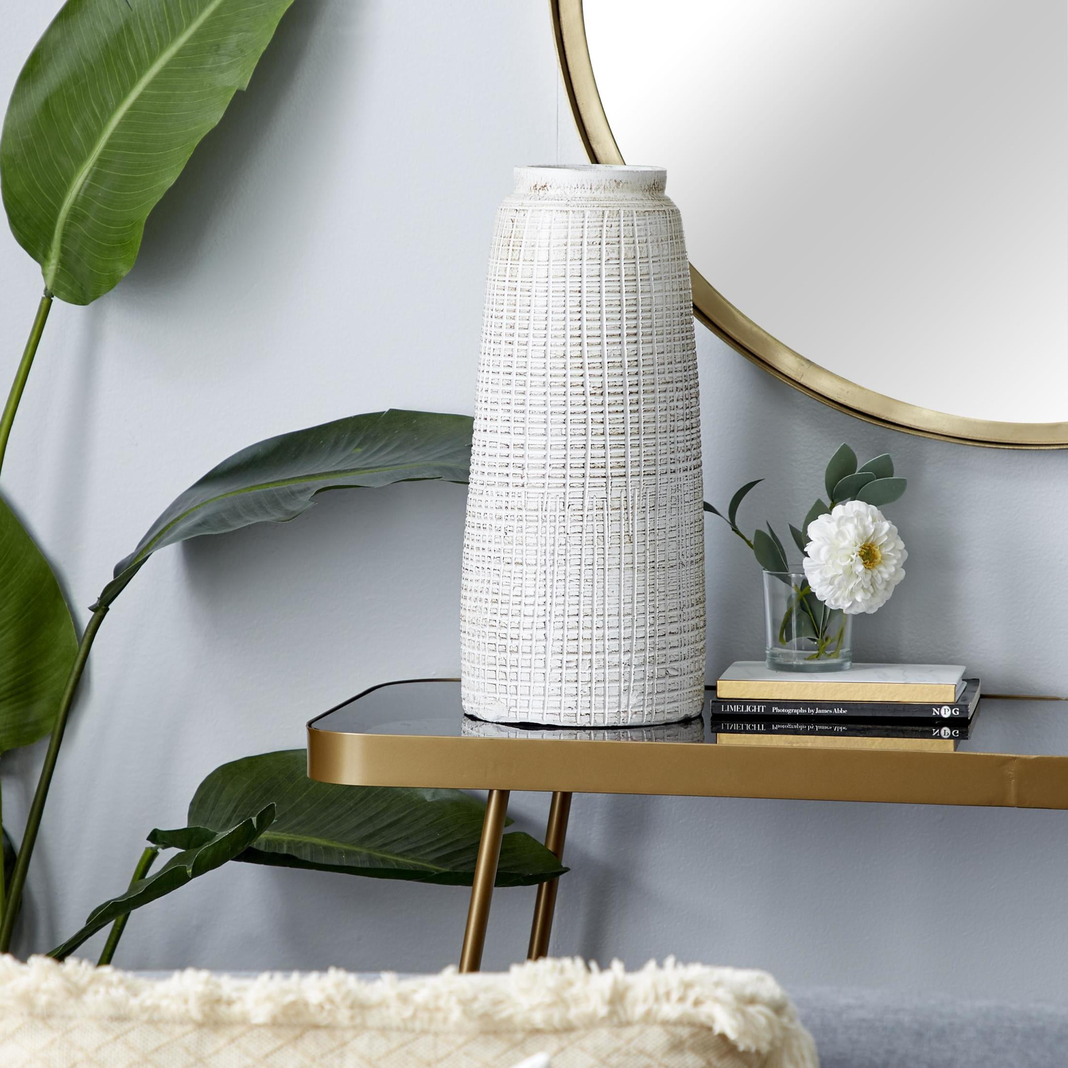 DecMode 17" Textured Crosshatch White Ceramic Vase with Crosshatch Design