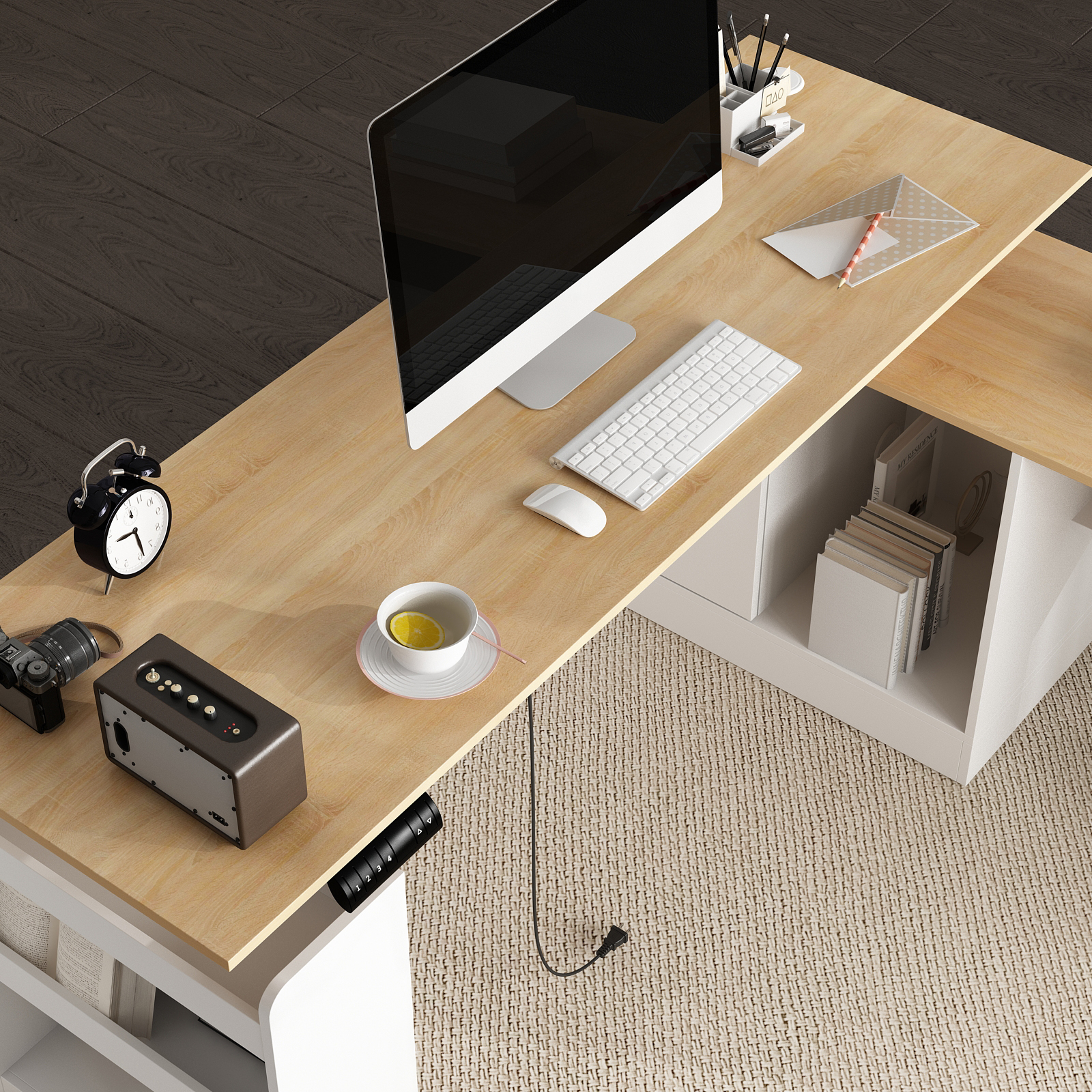 KULAGAGA Electric Standing Desk with Drawers and Shelves, Executive Adjustable Height Desk, L-Shaped Design, 63 inch Tabletop, for Office Deep Oak & White