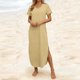 thumbnail image 4 of Vestido Corto para las Mujeres de Verano Color Sólido Cuello en V Vestido de Bolsillo de Manga Corta, Vestido de Verano Casual de las Mujeres para las Salidas de Primavera, 4 of 6