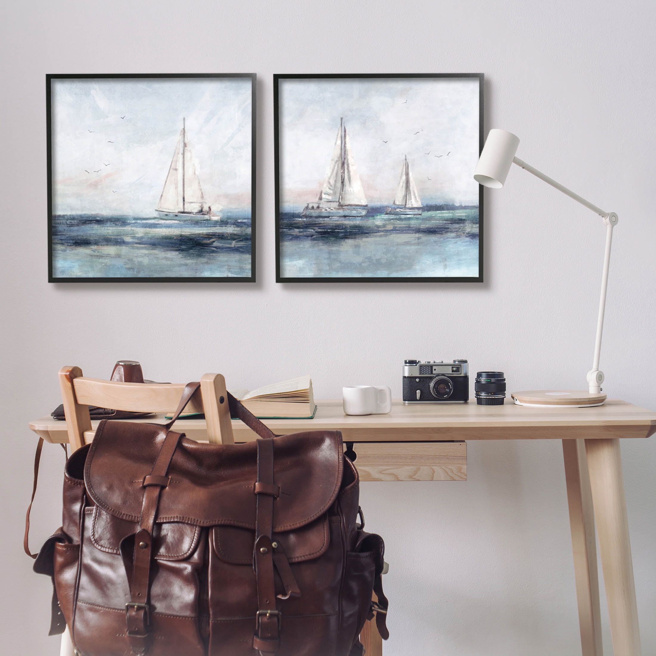 Stupell Industries Blue Sailing Ocean Scene Painting Black Framed Art Print Wall Art, Set of 2, Design by Nina Blue