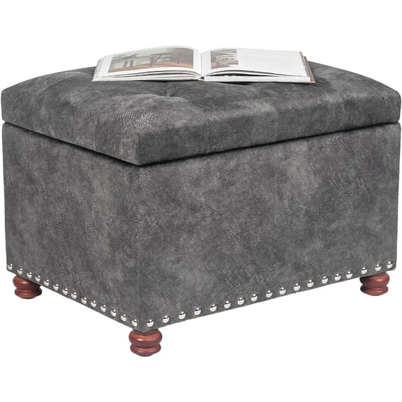 24'' Ottoman with Storage, Upholstered Storage Ottoman Stool, Velvet Tufted Cube Footstools Small, Hinged Foot Rest Stool for Living Room, Bedroom, Dark Grey